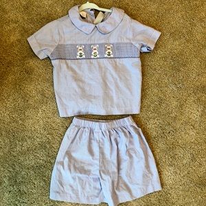 Smocked Bunny SHORT SET BLUE PIQUE 3T